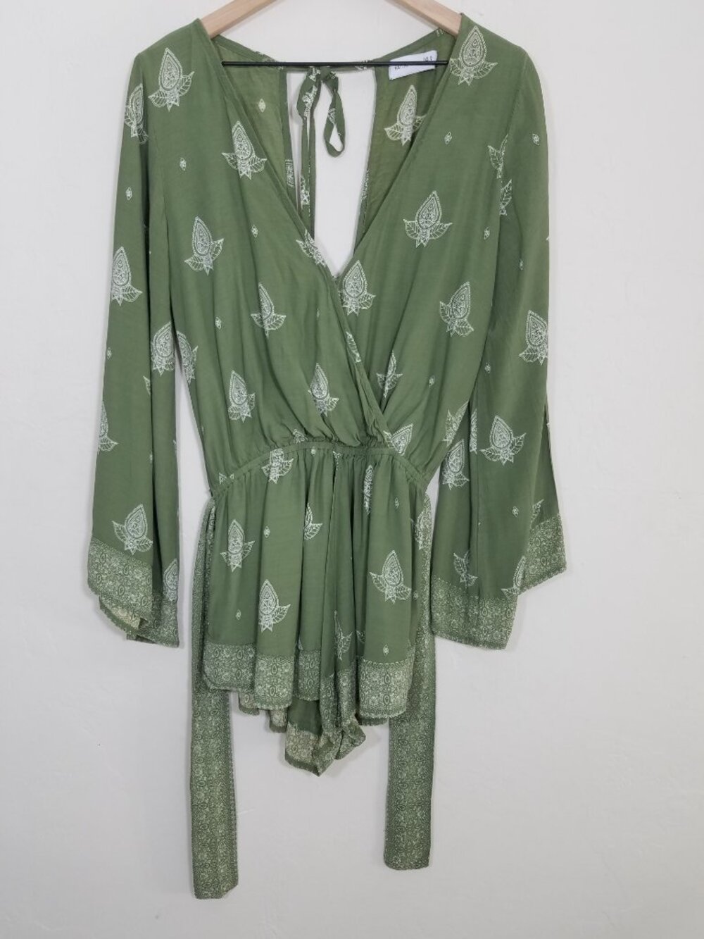 Faithfull the Brand Long Bay Playsuit Long Sleeve Belted Romper Green Size 8
